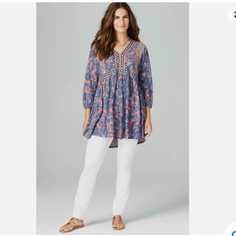 J. Jill Garden Refresh Pink & Blue Floral Embroidered Metallic Tunic Blouse Med